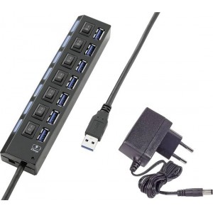 USB 3.0 hub 7 poorten Individueel schakelbaar, Met status-LED's, Met iPad-laadpoort Zwart