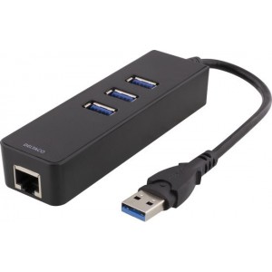 Deltaco USB3-GIGA3, USB 3.1 adapter met 3 x USB HUB en 1 x Gigabit RJ45 poort zwart