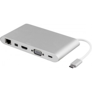 DELTACO USBC-1274 USB-C docking station, USB-C, HDMI, 3xUSB-A, 1xRJ45, SD-Kaart, Ultra HD in 30Hz, 0.1m kabel, zilver