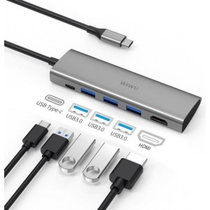 WiWu Alpha 5 in 1 USB-C Adapter - Type C naar 3x USB 3.0, 1x HDMI  en 1x USB C - USB-C Hub - Aluminium - Grijs