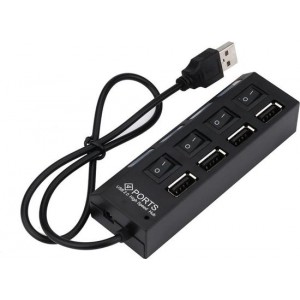 4 Ports USB 2.0 Hub / Multi Oplaadadapter / Aan/Uit Knop / LED Verlichting / Zwart