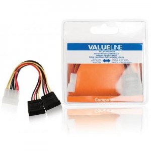 Valueline : Interne stroom splitterkabel Molex mannelijk - 2x SATA 15-pin vrouwelijk 0,15 m veelkleurig - Zwart, .....