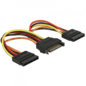 DeLOCK : Cable Power SATA 15 pin plug - 2 x Power SATA 15 pin receptacle 15cm - Zwart, Oranje, Rood, Geel
