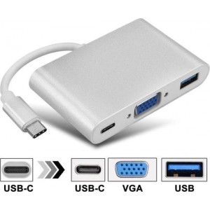 Garpex® Aluminium hub van Type C naar VGA USB3.0 type A en USB type C Power Delivery 5Gbps Zilvergrijs 23cm