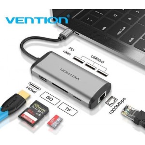 Vention USB C Hub met HDMI / USB3.0 / Ethernet / TF / SD / PD Oplaad poort