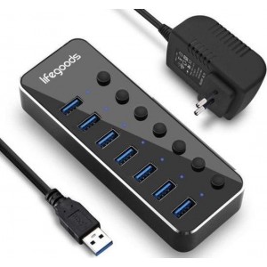 LifeGoods USB 3.0 Hub - 7 Poorten - 5Gbps - Externe Voeding - Blauw LED Licht - Zwart