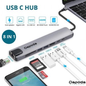 Dapoda® 8-in-1 USB-C Hub Adapter - Ethernet - HDMI Converter - Thunderbolt 3 - USB 3.0
