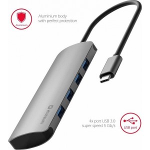 Swissten Aluminium 4 in 1 USB-C Hub Adapter voor Macbook - 4x USB 3.0 - Grijs