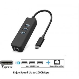 DrPhone GT1® - USB-C Gigabit Ethernet (1000MBPS) Adapter + 3X USB 3.0 Poorten - RJ45 Netwerk Adapter - Zwart