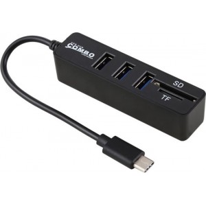 USB-C (Type-C 3.1) Male naar 3X USB Female Hub + SD en TF  geheugenkaartlezer Adapter|20CM | Zwart