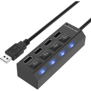 Premium 4-Poorts USB 2.0 Hub splitter High Speed adapter met schakelaars en LED Plug & Play| Zwart