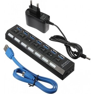 USB 3.0 Hub Station met 7x USB aansluiting met eigen stroomtoevoer + USB kabel / Zwart