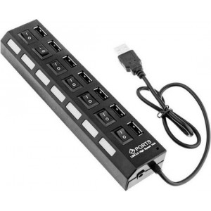 Coretek USB hub met 7 poorten en aan/uit schakelaars - USB2.0 - busgevoed / zwart - 0,40 meter