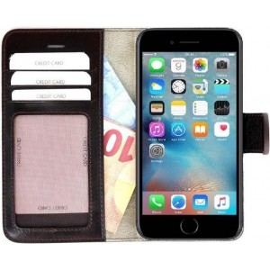 Pearlycase Echt Lederen Wallet Bookcase Apple iPhone 6/6S met de handgemaakte Donkerbruin Leren Telefoonhoesje