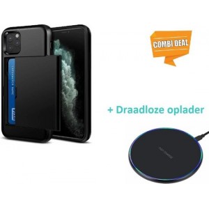 Kaarthouder case met slide iPhone 11 Pro - zwart met draadloze oplader