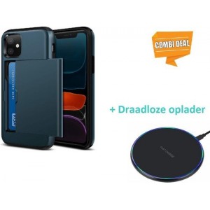 Kaarthouder case met slide iPhone 11 - donkerblauw met draadloze oplader