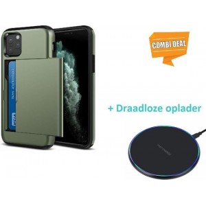 Kaarthouder case met slide iPhone 11 Pro - groen met draadloze oplader