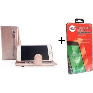 iPhone 6 Plus/6s Plus Rose Gold Leren Rits Portemonnee Hoesje + Screenprotector / Tempered Glass