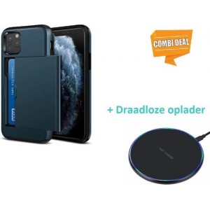 Kaarthouder case met slide iPhone 11 Pro - donkerblauw met draadloze oplader